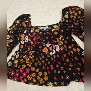 Patrons Of Peace Black Floral Printed Babydoll Blouse Size XS